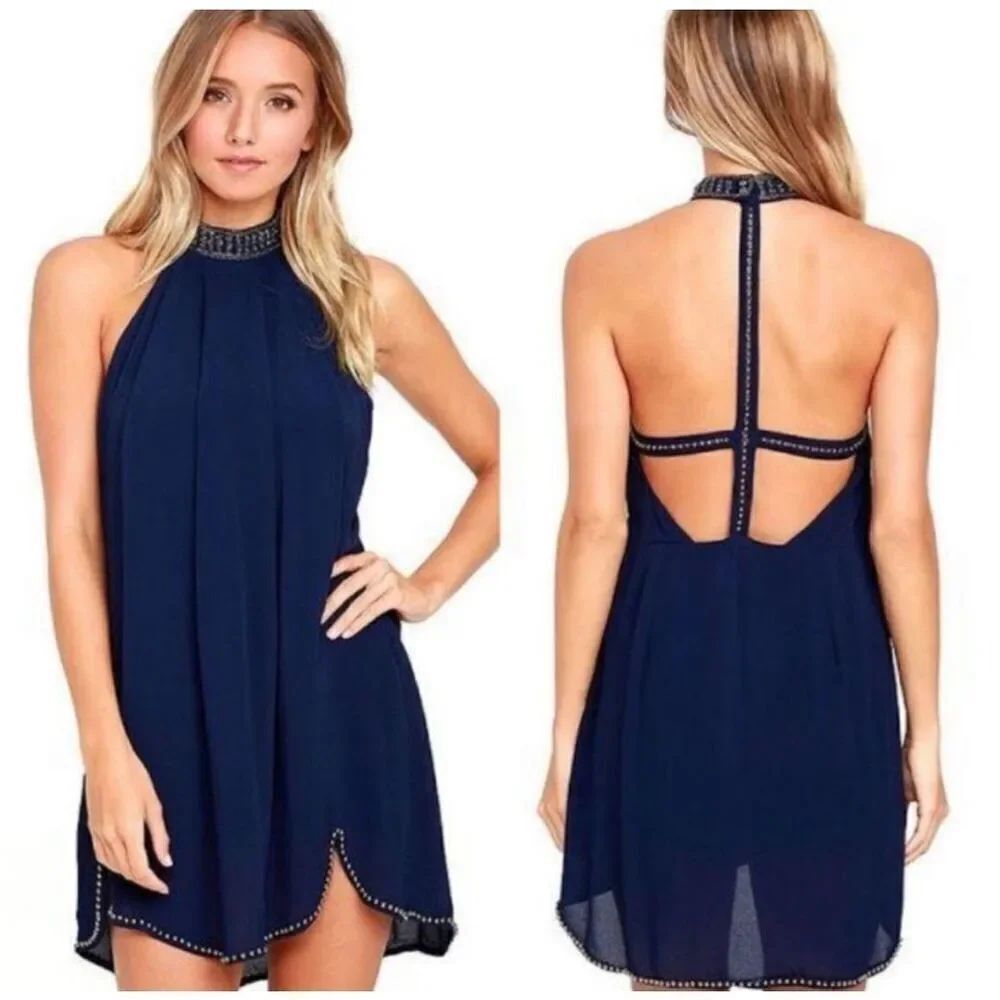 NBD navy Lourdes beaded open back halter mini dress